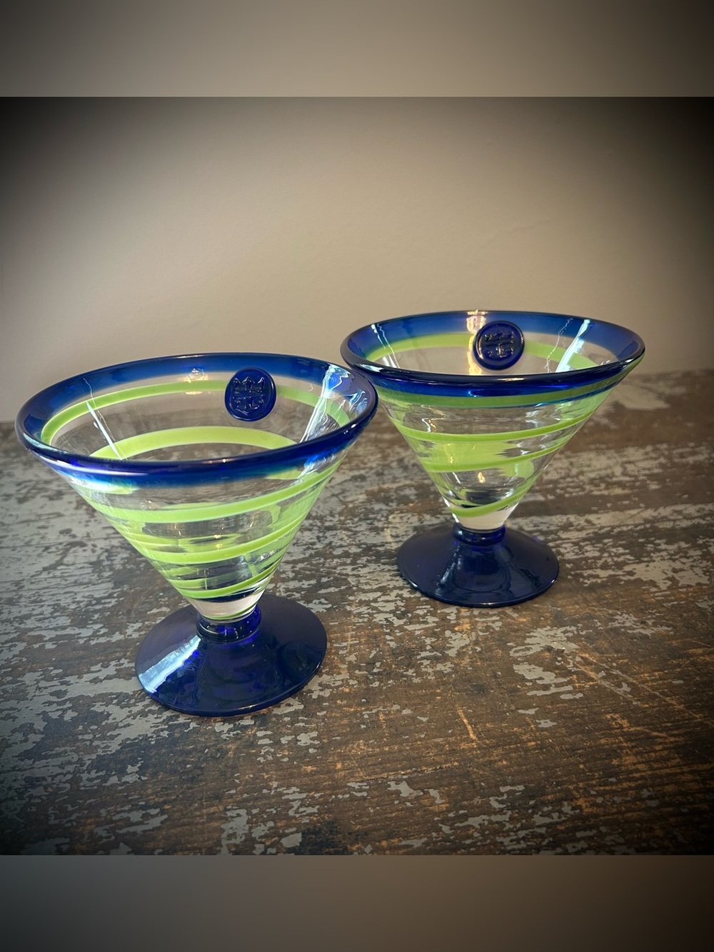 Blue and Lime Striped Martini/Margarita Glasses - Set of 2